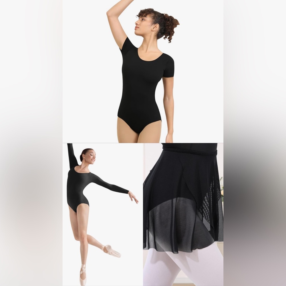 Black Short-Sleeve Dance Leotard - Long- Sleeve Dance Leotard - Black Wrap Skirt